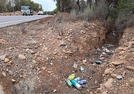 Entre los pinos. Latas de refrescos y otros residuos en el monte público Coto Cuadros, junto a la carretera que une Fortuna con Santomera, cerca del embalse.