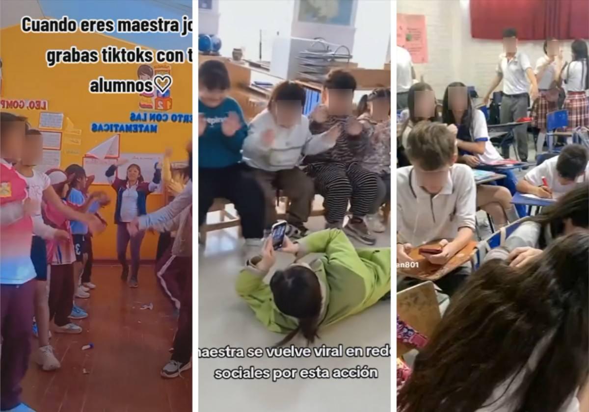 Fragmentos de vídeos grabados por profesoras a sus alumnos menores en TikTok.