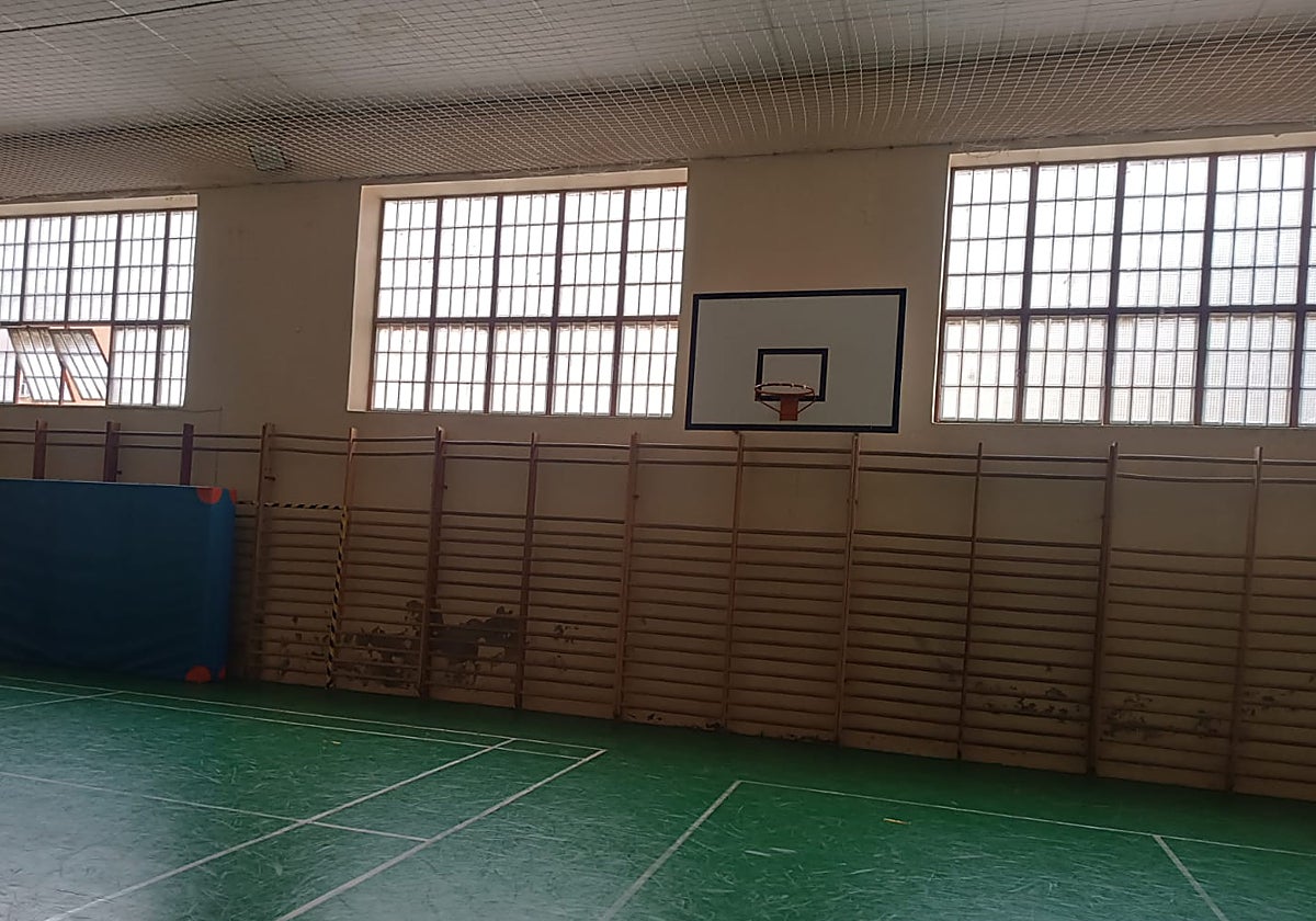 Las espalderas del pabellón se apoyan sobre una pared con humedades, mientras que el techo está cubierto con una red para evitar daños ante la caída de placas.