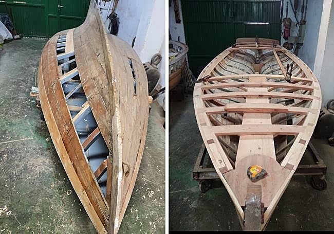 Estado en el que llegó el casco del 'Cala Posidonia' al taller de El Calafate; y casco ya restaurado, a falta de la cubierta.