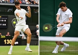 Carlos Alcaraz y Ugo Humbert, jugando un partido en Wimbledon.