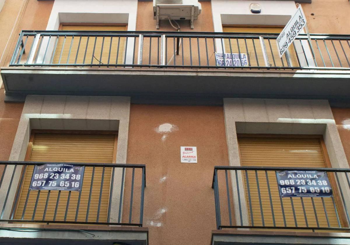 Carteles de 'se alquila' en varios pisos de Murcia.