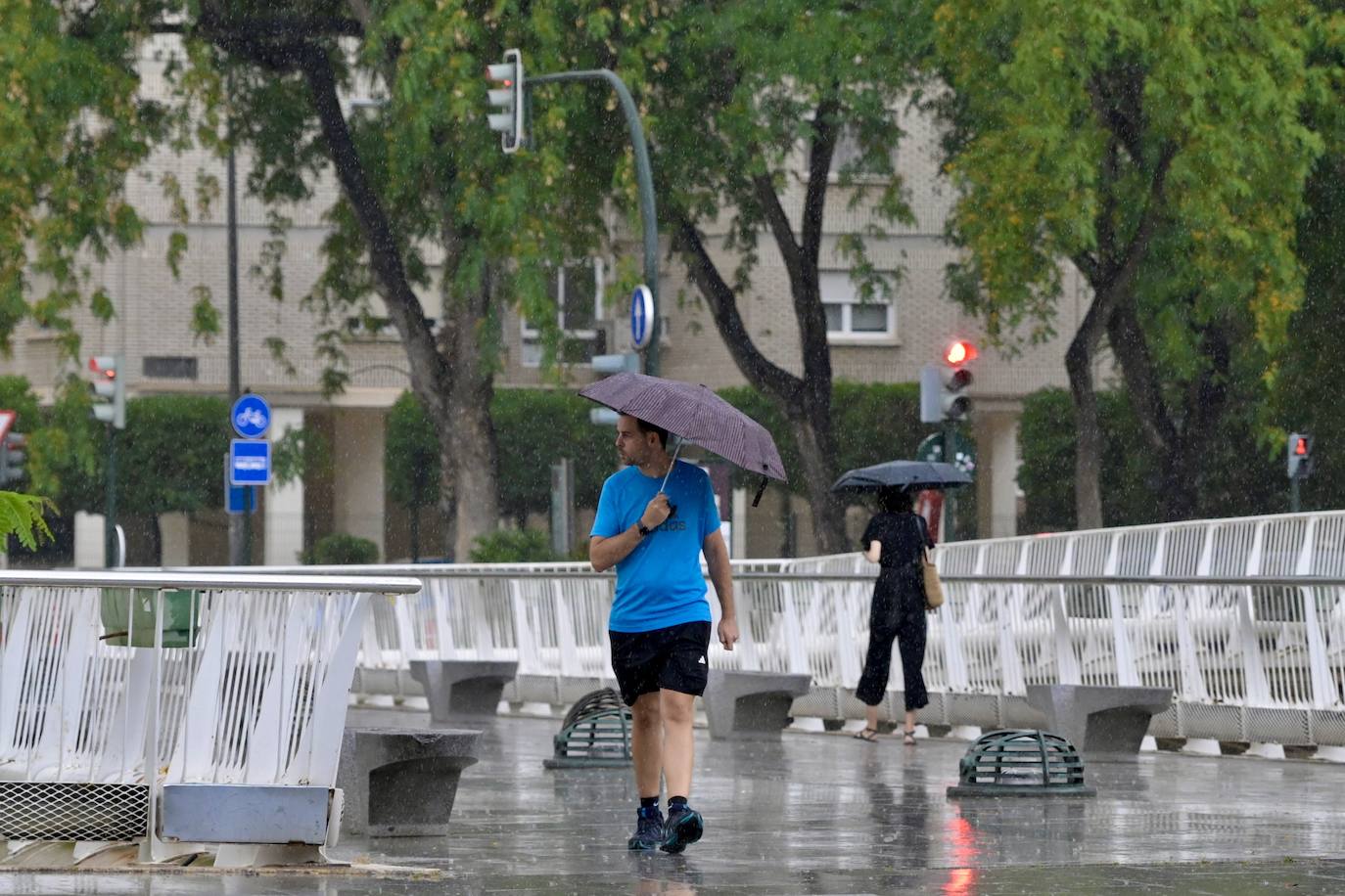 Dos viandantes se protegen de la lluvia con paraguas en Murcia, en una foto de archivo.