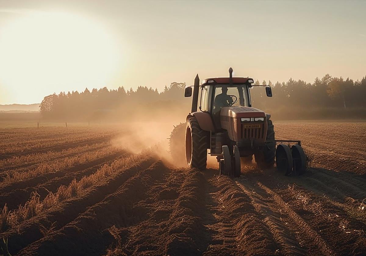 Un tractor rotura una finca antes de efectuar el sembrado.