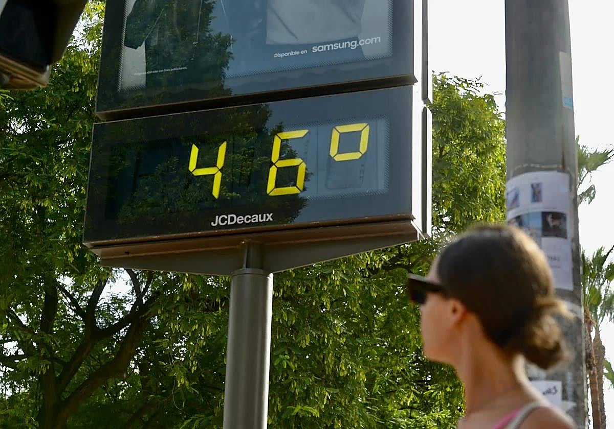 Un termómetro marca 46 grados.