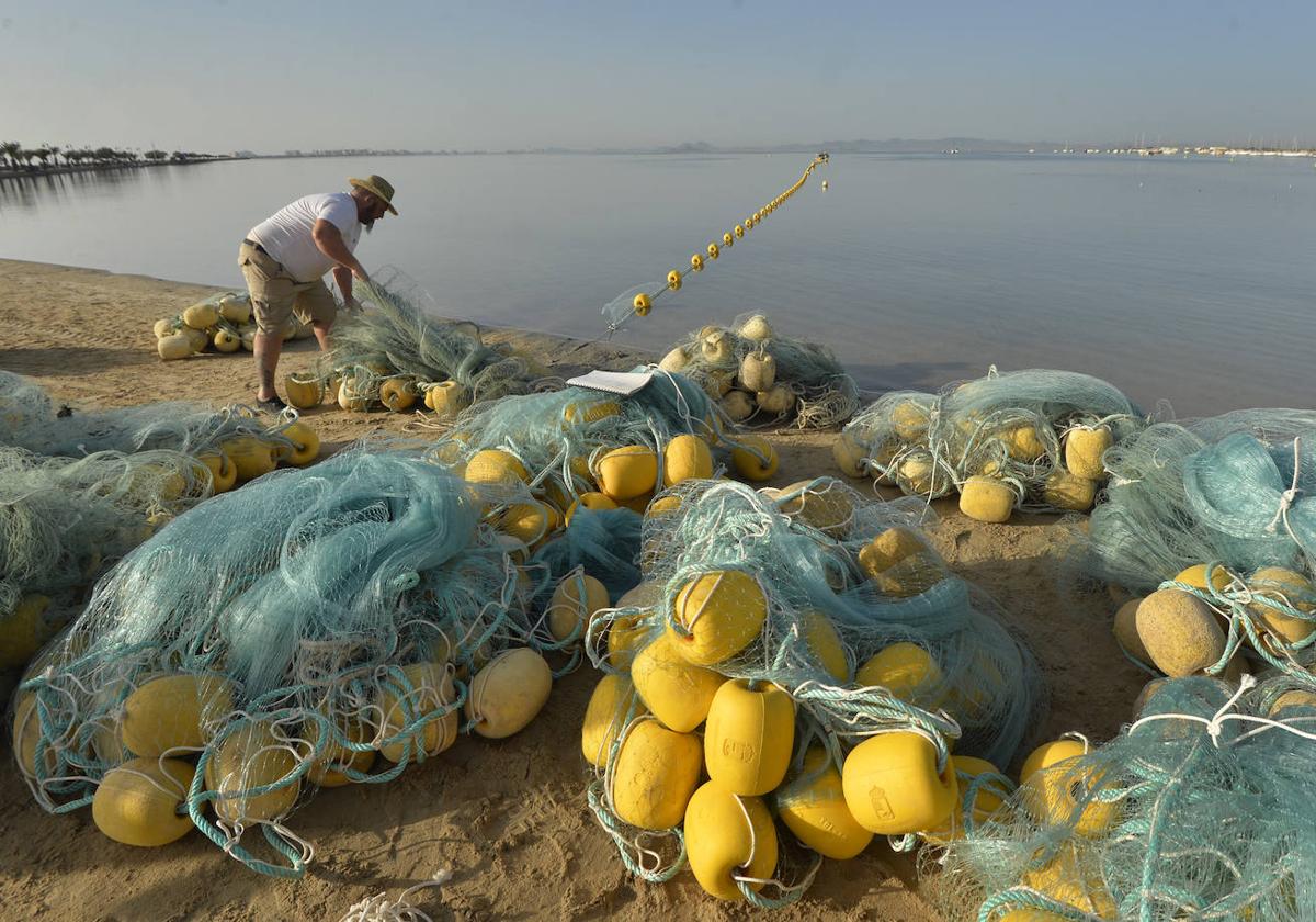 Las redes antimedusas colocadas en el Mar Menor, en imágenes