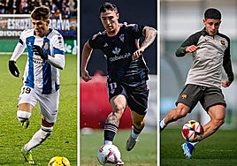El uruguayo Gastón Valles, en su debut con el primer equipo del Espanyol en Ipurúa; Dani Escriche, con el Albacete, y Pocho Román, en un entrenamiento.