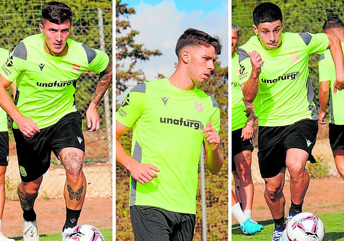 Dani Escriche, con la pelota en el entrenamiento de ayer; Gastón Valles, en su primer día en La Manga Club; y Pocho Román, ayer con el balón.