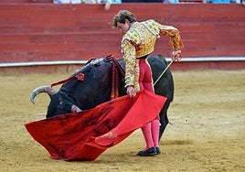 El diestro Jorge Martínez lidia su primer toro, este jueves.