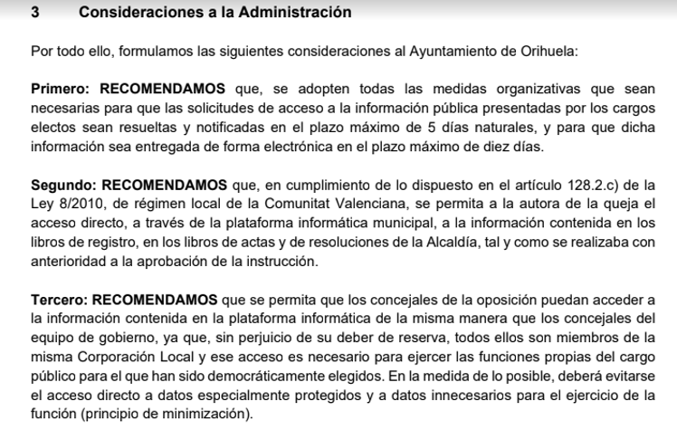 Las recomendaciones de la Sindicatura de Agravios al Ayuntamiento de Orihuela.