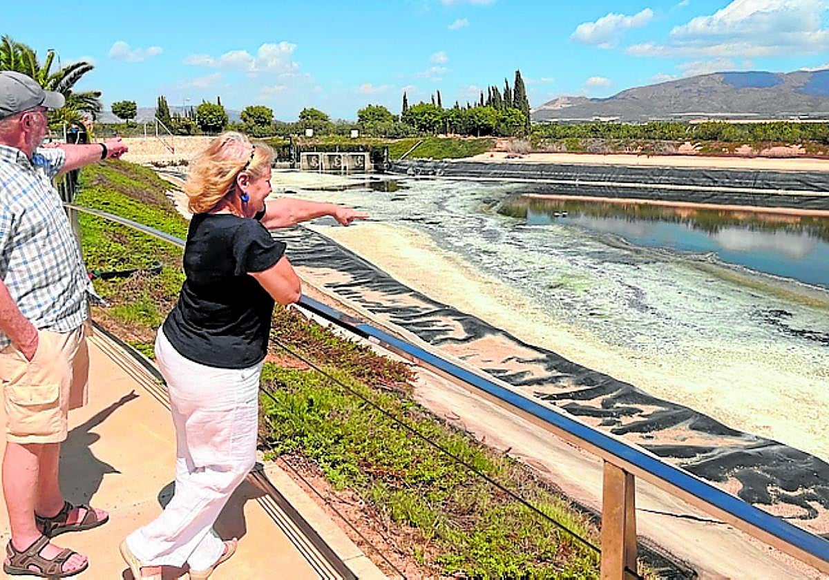 Dos vecinos de la urbanización de La Isla, en Condado de Alhama, señalan el lago que les está causando molestias.