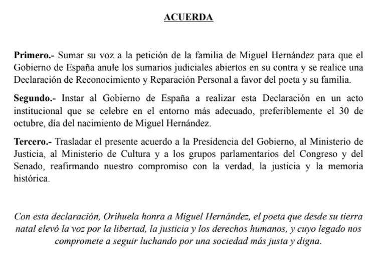 Propuesta de acuerdo trasladada al resto de grupos políticos por el PSOE.