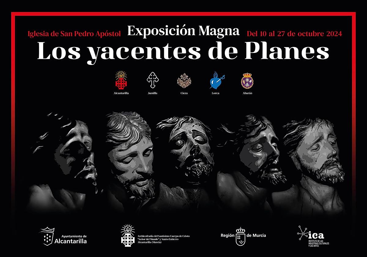 Imagen de los rostros de las cinco esculturas de Cristo Yacente realizadas por José Planes y expuestas en la Iglesia de San Pedro Apóstol de Alcantarilla.