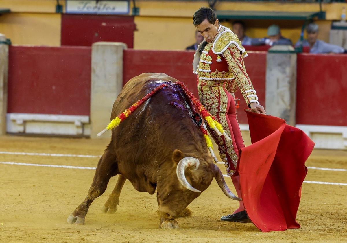 El diestro Paco Ureña lidia un toro en el festejo de la Feria Taurina del Pilar celebrada este viernes, en Zaragoza.