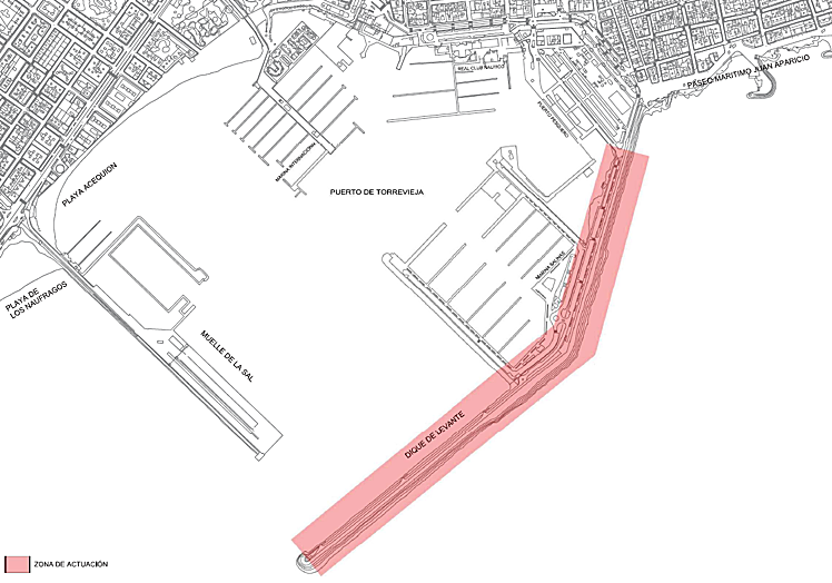 Las obras que están a punto de arrancar dejan fuera el enlace del dique de Levante con el paseo Juan Aparicio y el nuevo centro de ocio, tal y como se refleja en el mapa del ámbito de actuación.