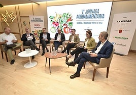 De izq. a dcha., José Ángel Navarro, Marcos Alarcón, Alfonso Gálvez, el periodista Manuel Buitrago, Juan Marín, Ana Belén Martínez y José Carlos Martínez, en la primera mesa redonda de la VI Jornada Agroalimentaria.