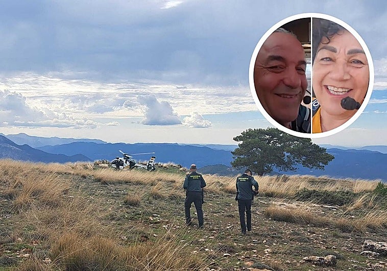 Efectivos de la Guardia Civil, ayer, en la zona del siniestro. En la imagen pequeña Alfonso e Isabel, el matrimonio que viajaba en la avioneta siniestrada.