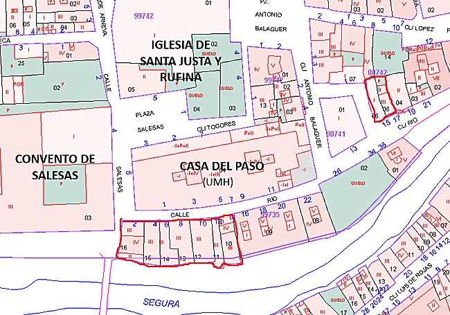 Captura del mapa del Catastro donde se han señalado en rojo las dos parcelas que iban a ser destinadas a uso universitario.