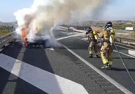 Dos bomberos sofocan el incendio en el vehículo.