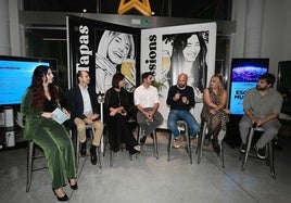 Lydia Martín, Miguel Torres, Claudia Orellana, Álvaro Vargas, Alberto Vegara, Sara Zamora y Bruno Laencina, durante la celebración del foro Región de Talentos dedicado al sector musical en la Sala de Catas de Estrella de Levante.