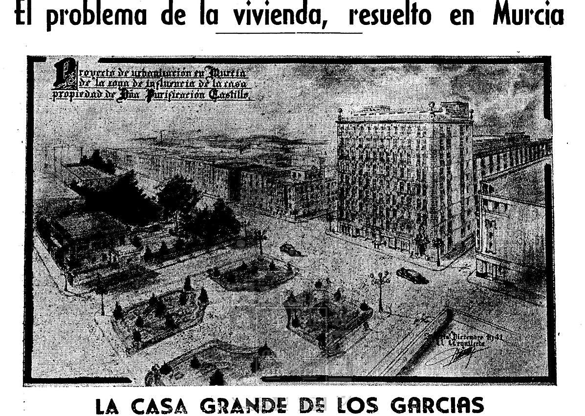 Imagen secundaria 1 - 1. La proyectada nueva plaza en la calle Santa Teresa. 2. Antigua publicidad del primer rascacielos murciano.
