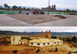 Maquinaria trabajando, ayer, en la parcela donde se levantará la construcción, ocupada por un aparcamiento, frente al monasterio de los Jerónimos. La imagen de abajo, facilitada por la asociación Huermur, muestra cómo era El Corralazo en los años 80 del siglo XX.