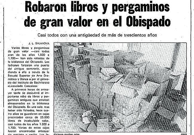 El periódico LA VERDAD contó en esta crónica en 1986 el increíble robo en la biblioteca del Palacio Episcopal.