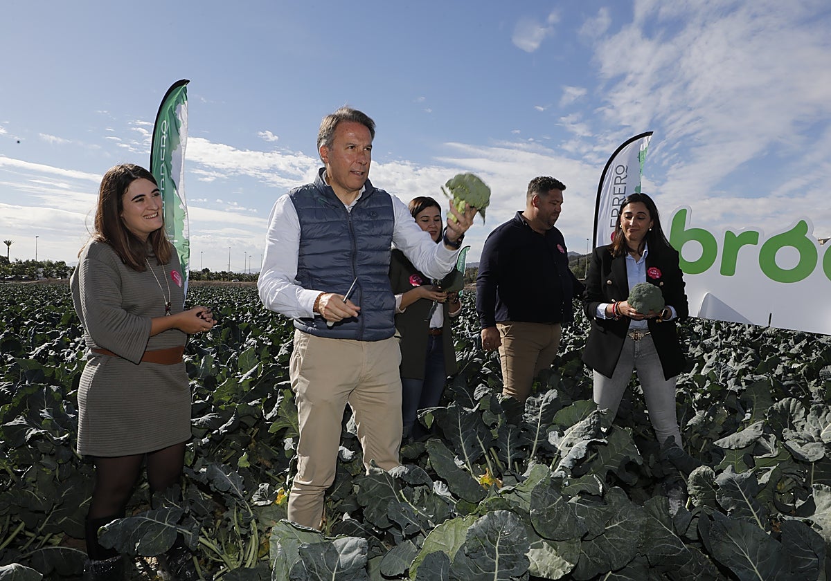 El alcalde y la consejera (d) durante el tradicional corte del primer brócoli de la temporada.