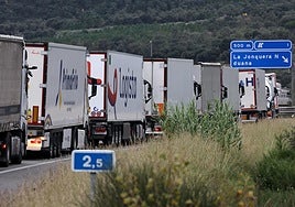 Un camión de la empresa murciana Primafrio, parado en el paso fronterizo de La Junquera, este miércoles.