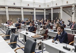 Los diputados de PP y Podemos votan juntos, este martes, durante el Pleno en la Asamblea Regional.