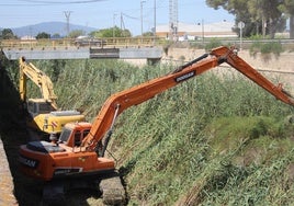 Unas máquinas retiran cañas y maleza en el cauce del Reguerón.