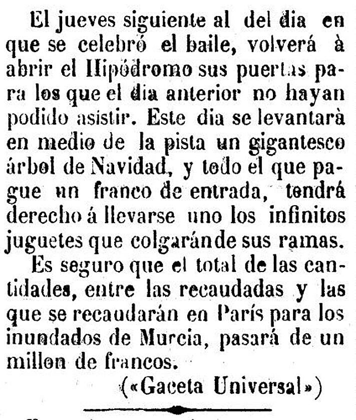 Imagen secundaria 2 - 1. Solidaridad. Portada del diario francés 'Le Monde Illustré' sobre la fiesta en el Hipódromo para los afectados de la riada de 1789. 2. Francia. El 'Noticiero de Murcia' hablaba en 1879 sobre el árbol navideño de regalos de París.