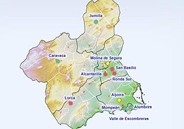 Mapa del estado de la calidad del aire en la Región de Murcia este viernes a las 10 horas.