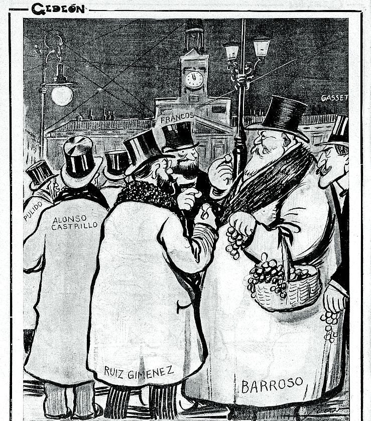 Caricatura publicada en 'Gedeón' el 1 de enero de 1911, mostrando a varios políticos comiendo las uvas en la Puerta del Sol.