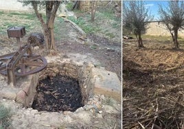 La noria de sangre de Torreagüera, a la izquierda, y el lugar después de su desaparición, a la derecha.