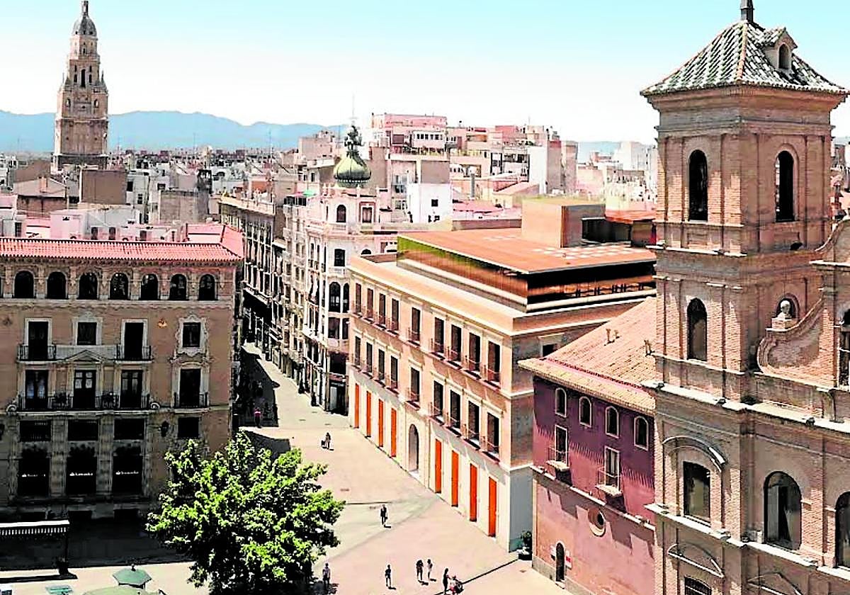 Imagen de la recreación de la fachada del Palacio de Almodóvar y de la nueva quinta planta, ya retranqueada, donde irá la terraza panorámica.