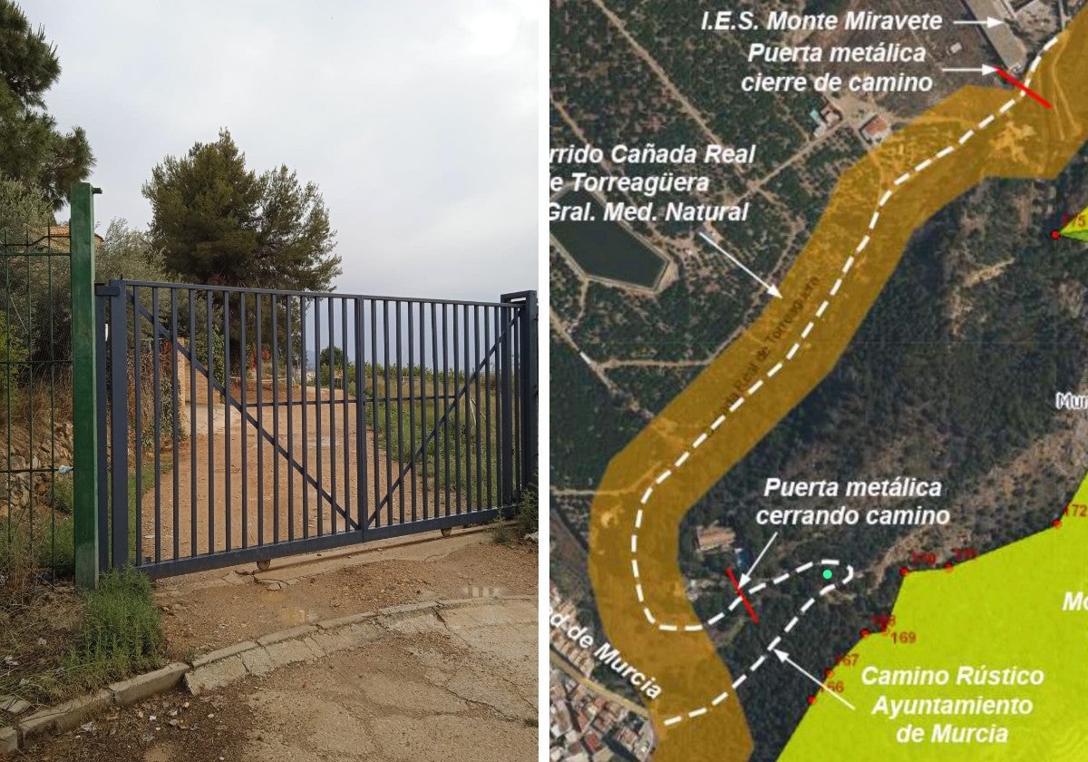 Puerta que impide el paso por el camino público Monteazahar coincidente con la Cañada Real. Mapa de situación donde se ve en qué puntos están instaladas las dos puertas y en que tramo coincide con la Cañada Real.