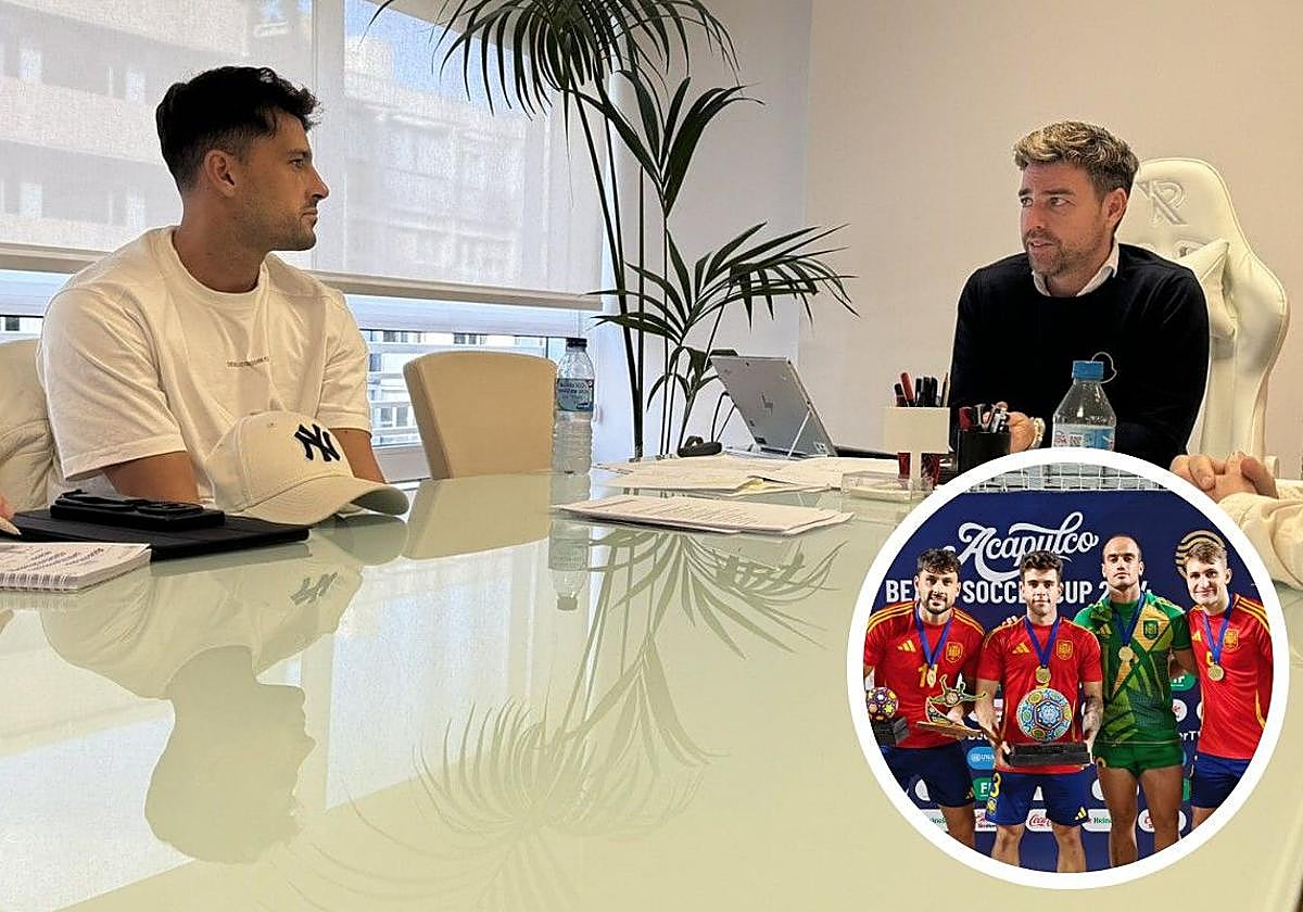 En el centro de la imagen, Salvador Ardil 'Chiky', futbolista, y Fran Sánchez, director general de Deportes, en la reunión de hace unos días. | Abajo a la derecha, los murcianos Chiky, Ardil, López y Oliver, en el torneo de Acapulco.