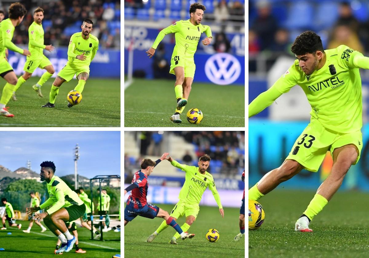 Álex Millán, en su debut en el último partido; Delmás, con el balón controlado; Pepín Machín, durante un entrenamiento; Óscar Clemente, en El Alcoraz; y El Jebari, contra la SD Huesca.