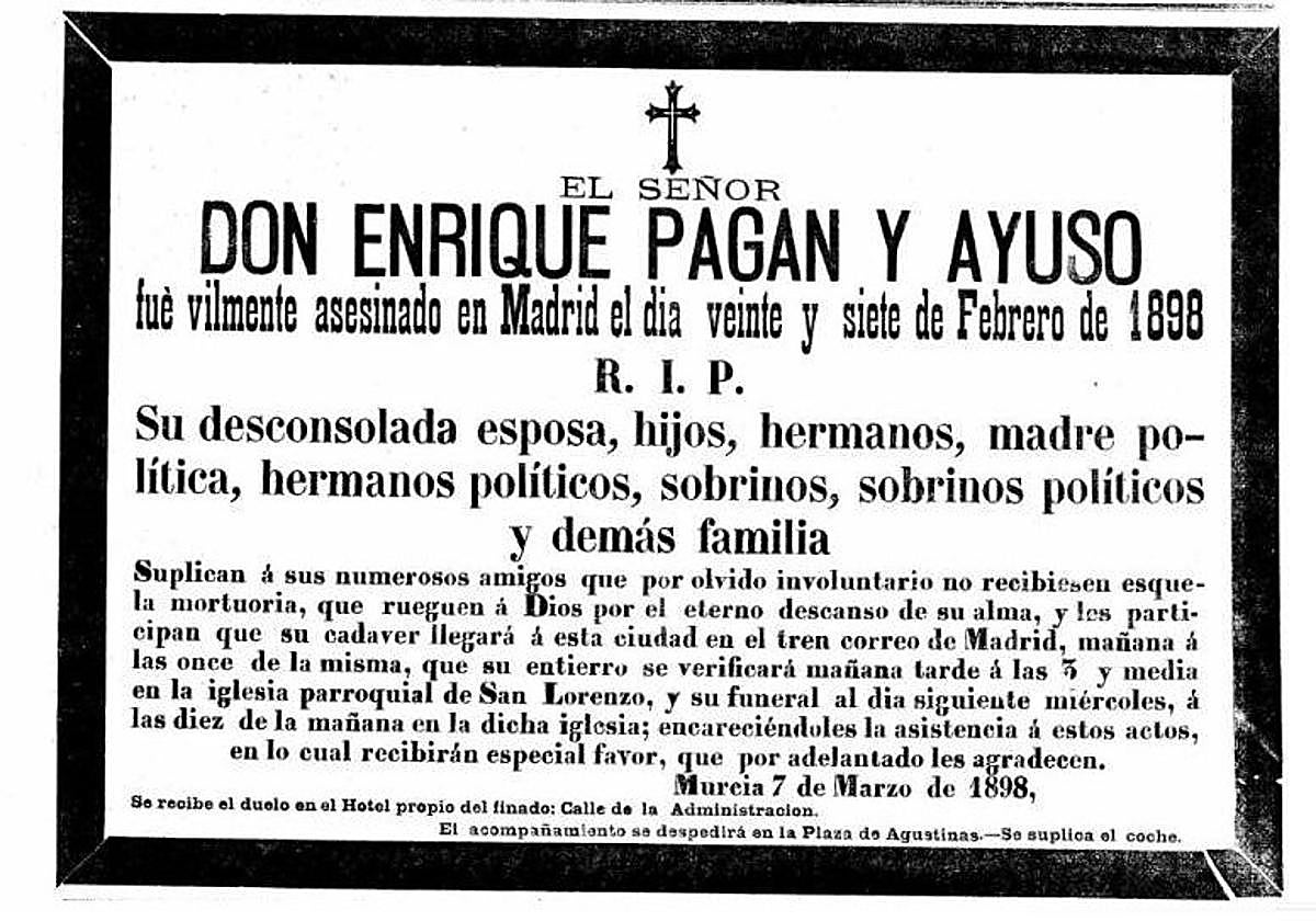 Duelo. Esquela del asesinado Enrique Pagán publicada en 'El Diario de Murcia'