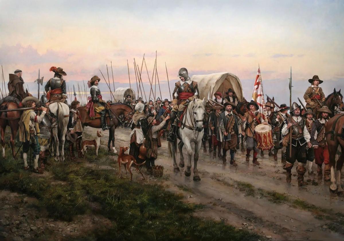 Imagen principal - 1. El 'Camino español', un óleo de Augusto Ferrer-Dalmau. 2. 'El Camino Español', el nuevo buque logístico del Ejército de Tierra (Armada) atracado en el Muelle de La Curra, en Cartagena. 3. Mapa del primer Camino Español de 1567 con salida en Cartagena.