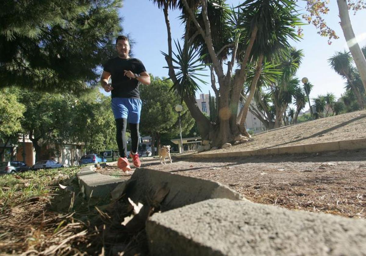 Un hombre hace ejercicio junto a su perro en un parque de Murcia.