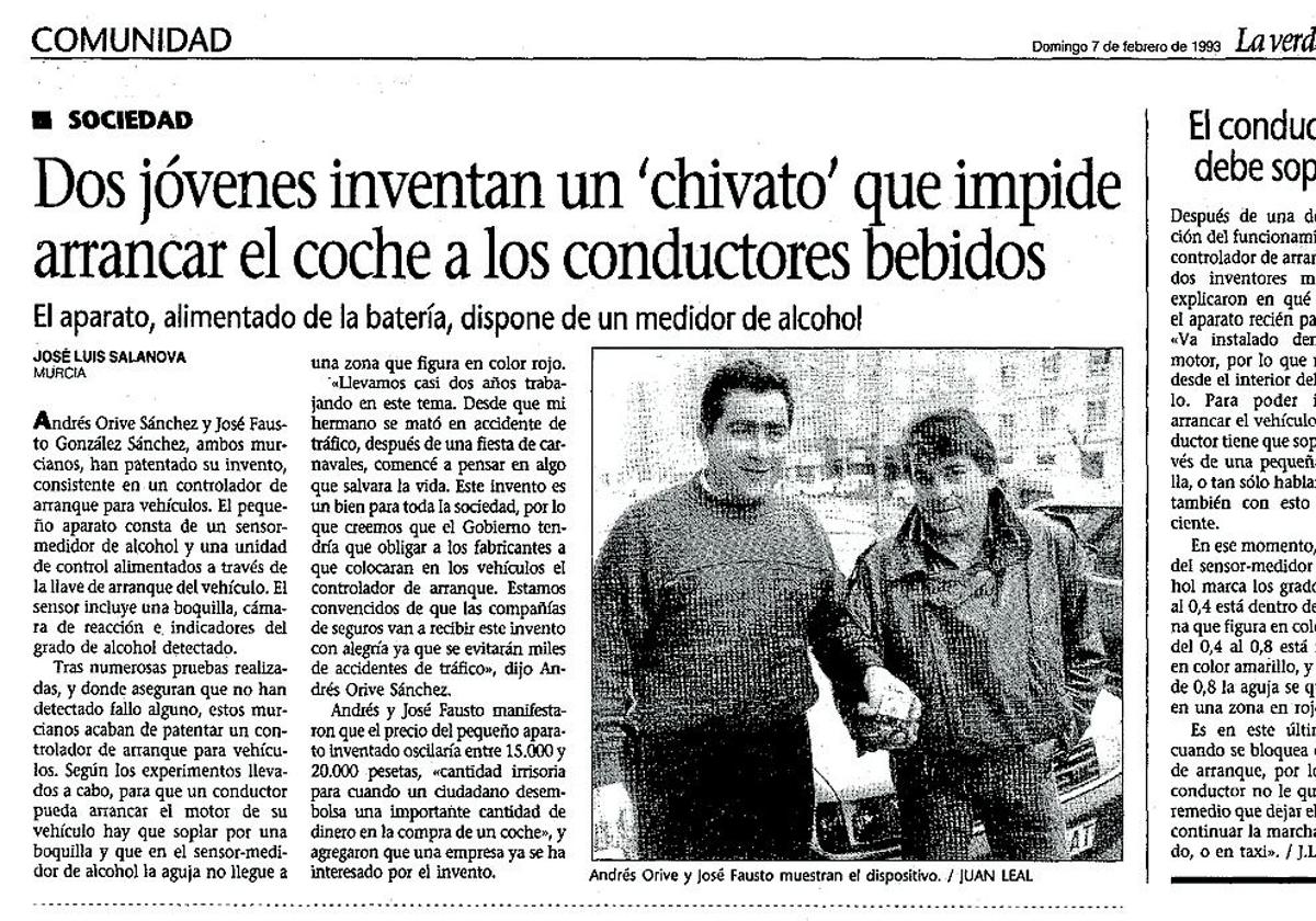 El diario LA VERDAD publicó en 1993 este reportaje donde contaba el curioso invento de dos jóvenes murcianos para disminuir los accidentes de tráfico.