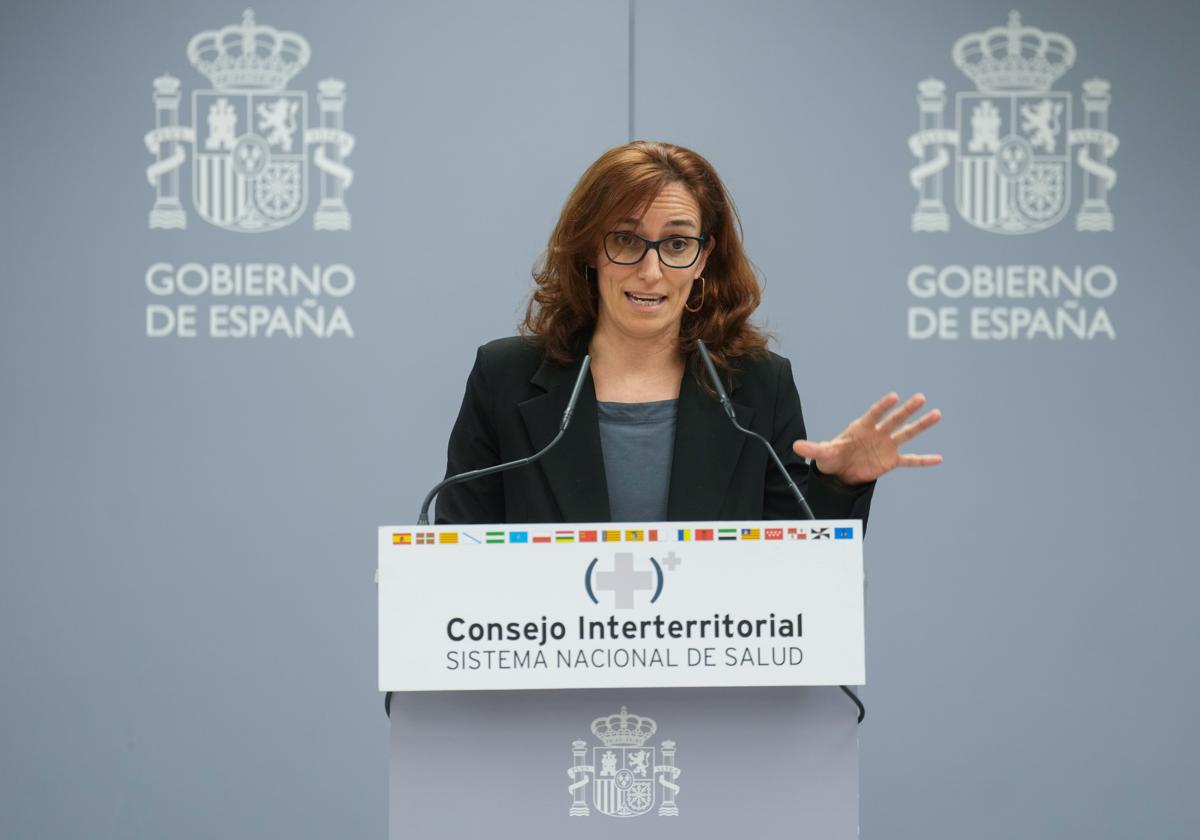 La ministra de Sanidad, Mónica García, durante la rueda de prensa que ha ofrecido posterior a la reunión.