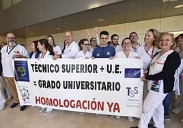 La protesta de los técnicos sanitarios de La Arrixaca por la homologación de sus estudios superiores, en imágenes