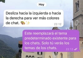 Una conversación de WhatsApp con los mensajes de color violeta.