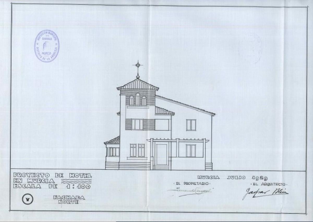 Imagen secundaria 1 - 1. Plano de la casa firmado por su arquitecto y presentado al Ayuntamiento de Murcia para solicitar la licencia en 1929. 2. El arquitecto madrileño Gaspar Blein.