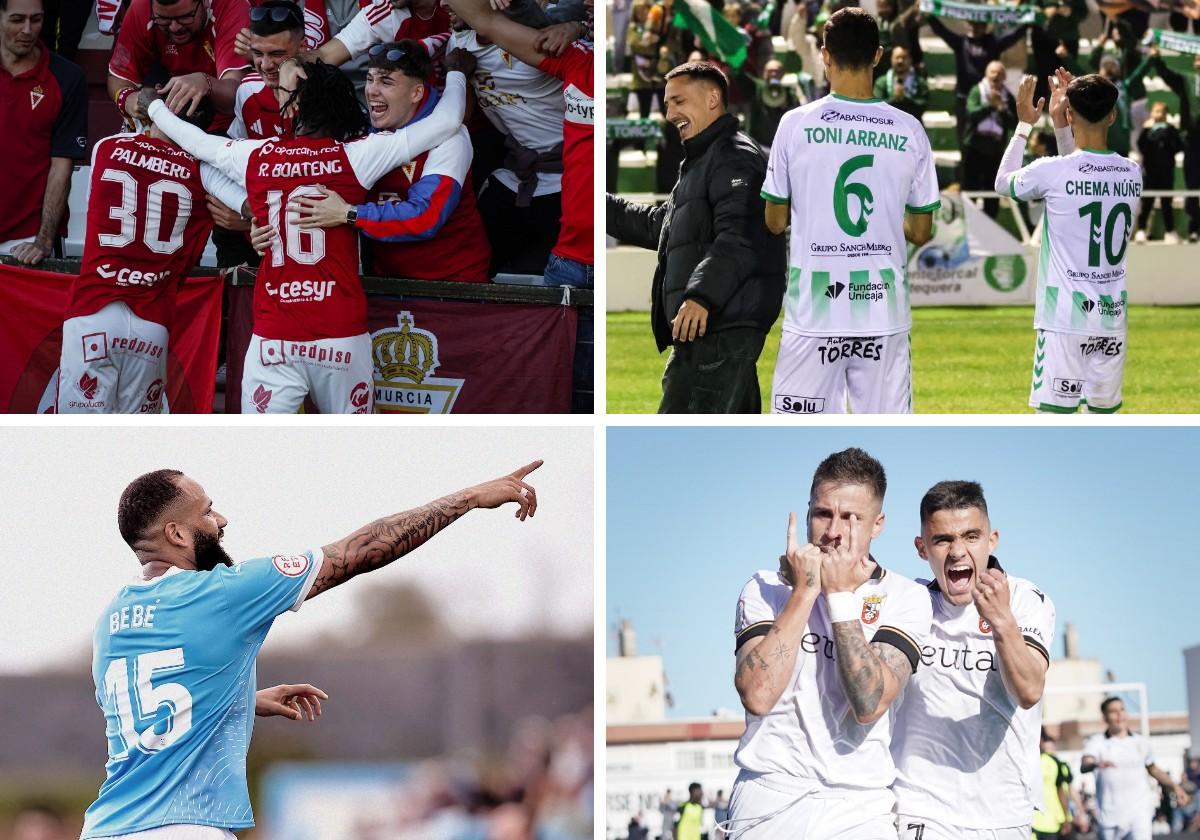 Palmberg y Boateng, con los aficionados granas en Mérida. Los jugadores del Antequera celebran una victoria en El Maulí. Bebé, nuevo fichaje del Ibiza, tras marcar un gol el sábado. Aquino, a la izquierda, celebra uno de sus dos goles al Betis B.