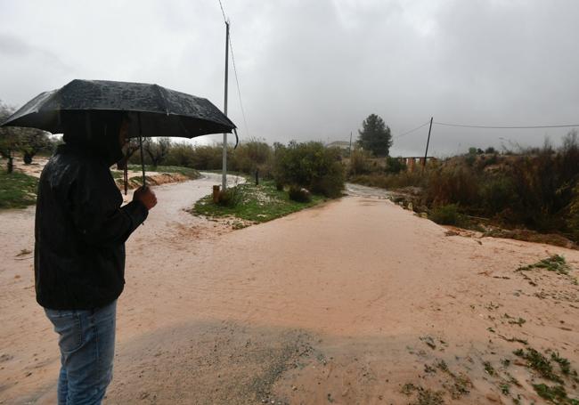 Un vecino de Casas Nuevas (Mula) contempla los caminos cortados por las lluvias, ayer.