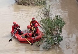 Los bomberos, este lunes, buscando al desaparecido en el río Segura.